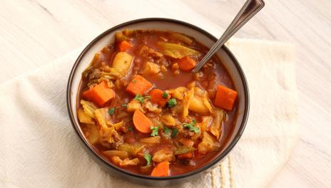 Cabbage Roll Soup in a bowl with a spoon