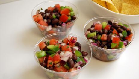 Fire-Roasted Black Bean Salsa, prepared and served in little cups
