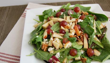 photograph of a salad topped with fruit, cheese, and nuts on a white plate