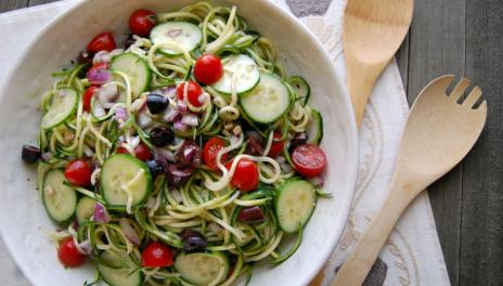 Greek Zoodle Salad, prepared and served in a dish