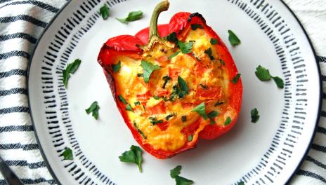 Omelet Stuffed Peppers, prepared and in a glass pan