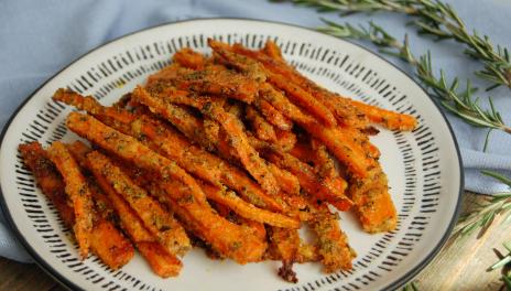 Parmesan Rosemary Carrot Fries, prepared and served on a plate