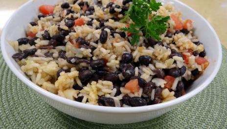 photograph of rice and beans in a white bowl