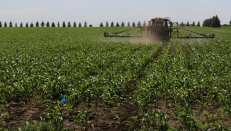 tractor spraying herbicide in a field