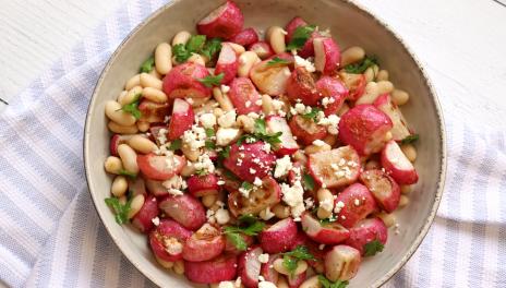 Roasted radishes with white beans, parsley and feta cheese