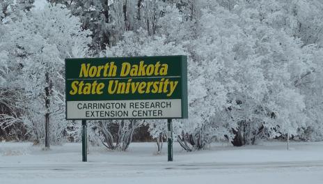 The NDSU Carrington Research Extension entrance sign is surrounded by snowy trees.