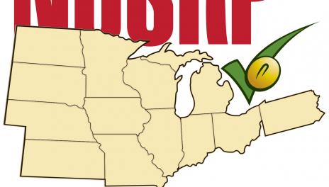The logo for the North Central Soybean Research Program is a map of the Midwest states of Illinois, Indiana, Iowa, Kansas, Michigan, Minnesota, Missouri, Nebraska, North Dakota, Ohio, South Dakota, and Wisconsin, with a superimposed checkmark and a soybean seed.  