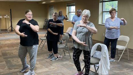 Several adults use their arms to practice Tai Ji Quan: Movement for Better Balance.