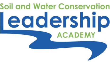 Soil and Water Conservation Leadership Academy logo with the bottom of the "L" in "Leadership" extending down and to the right to look like a river that underlined the word "Academy"
