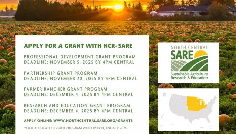 A table including grand deadlines, the SARE logo, and a map of covered states.