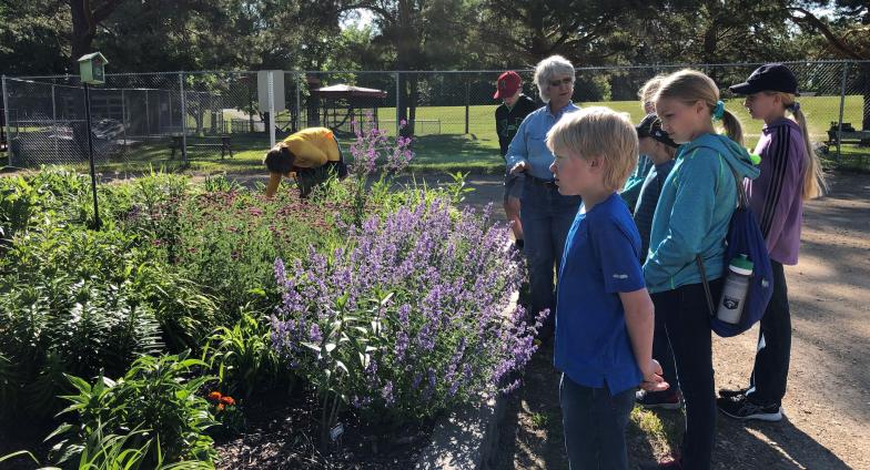 youth learning about flowers with gardener