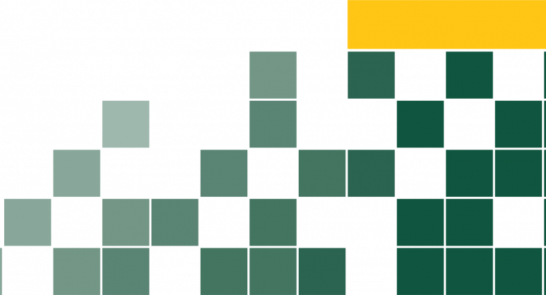 A graphic with several dark green blocks interspersed with light gray blocks. A narrow, gold rectangle tops the right side of the image.