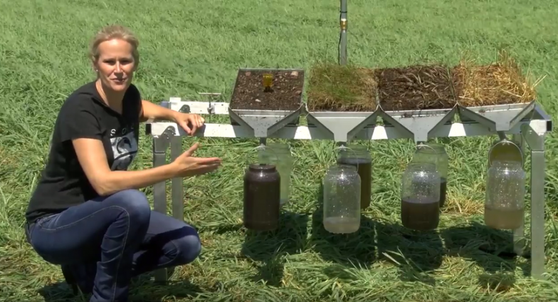 Soil health speciast Abbey Wick leans down next to a rainfall simulator, an apparatus with four containers for different types of soils at the top and a clear plastic bottle under each bin