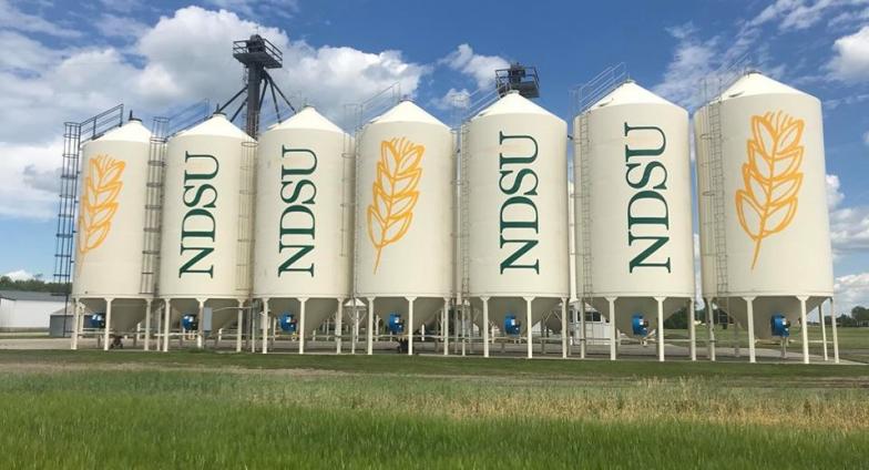 Grain bins with the NDSU logo and drawings of wheat stalks on them