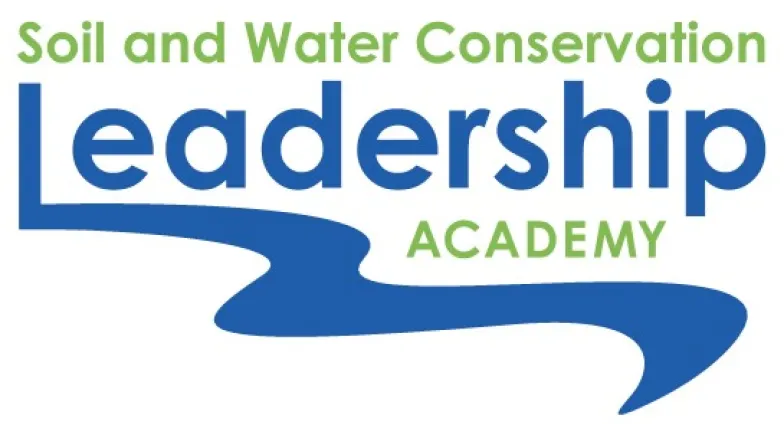 Soil and Water Conservation Leadership Academy logo with the bottom of the "L" in "Leadership" extending down and to the right to look like a river that underlined the word "Academy"