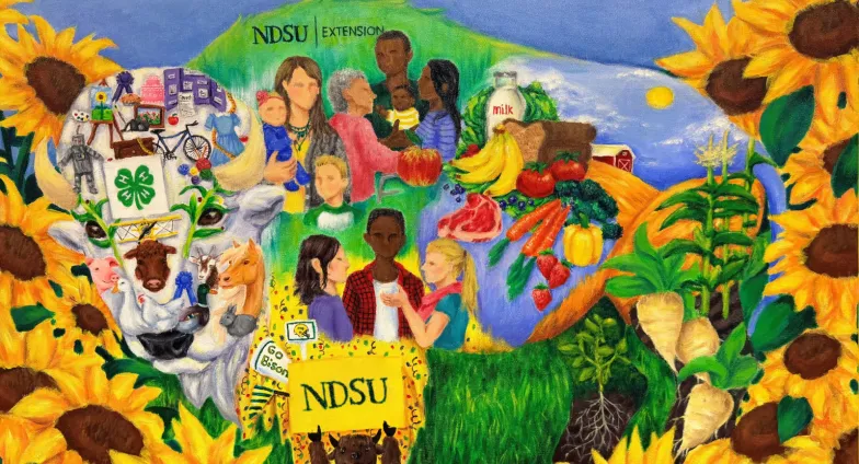 Image of bison with NDSU Extension aspects