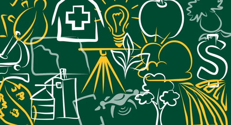 NDSU green and gold design with crop and pest drawings