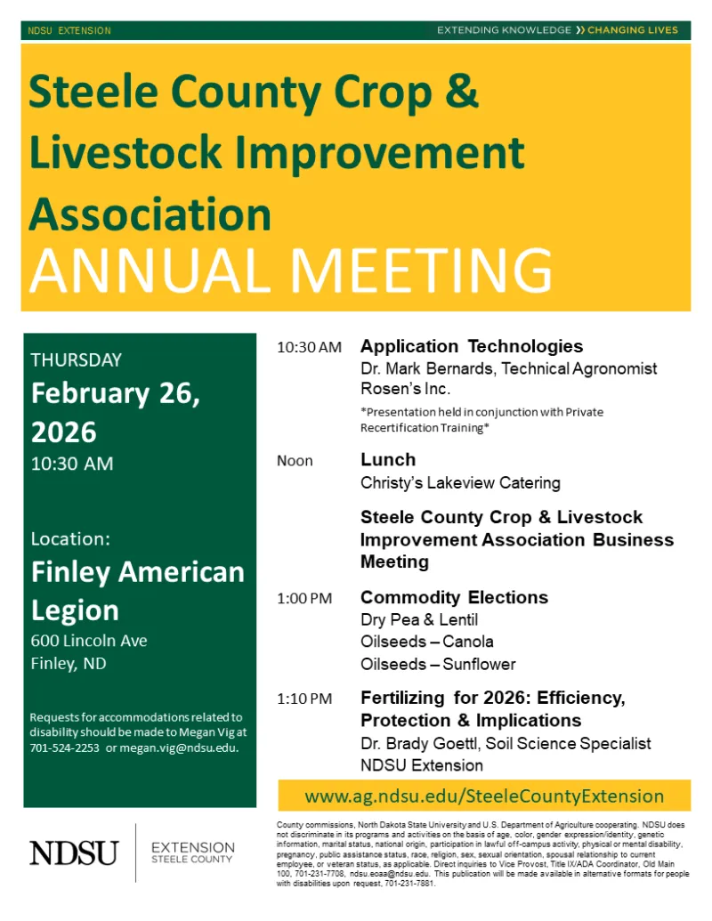 Steele County Crop and Livestock Improvement Association Annual Meeting flyer.  Agenda detailed and indicates meeting begins at 10:30 am.