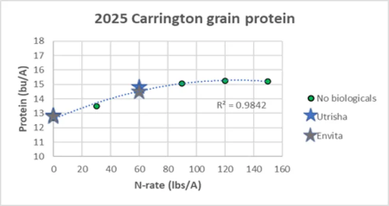 A scatter chart depicting spring wheat protein percent with varying rates of nitrogen plus tested biologicals.