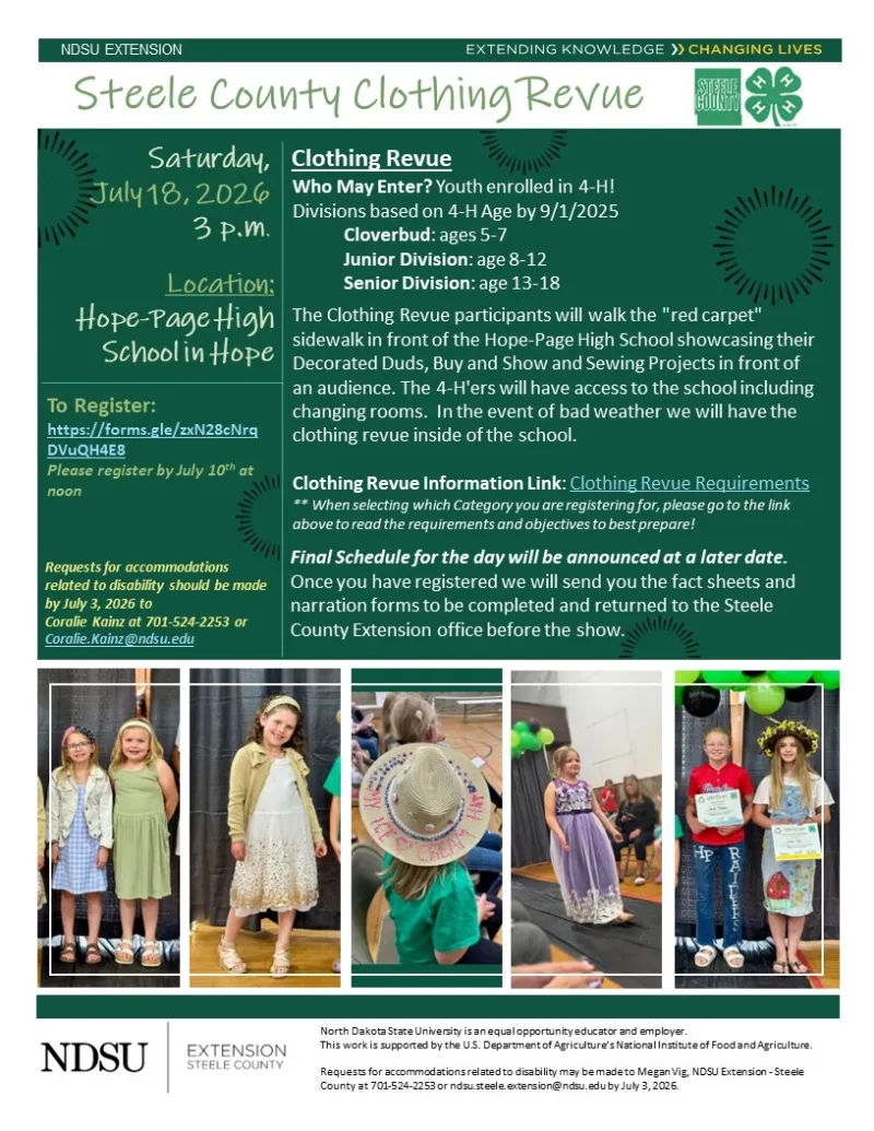 Steele County Clothing Revue Saturday, July 18, 2026 at 3pm at the Hope-Page High School in Hope