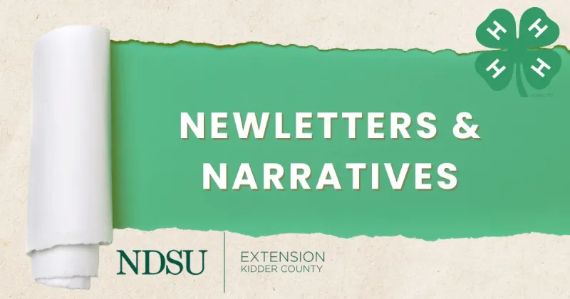 A paper unrolls to show newsletters and narratives with a 4-H clover