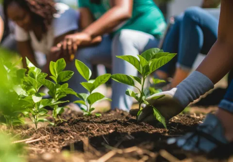 Group of people working together to plant garden