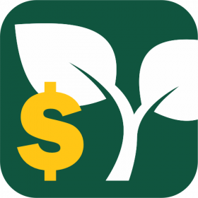 An app icon with a green background with a smaller dollar sign in yellow and a larger plant in white.