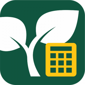 An app icon with a green background with a smaller calculator in yellow and larger graphic depicting a plant in white.