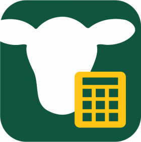 An app icon with a green background with a smaller calculator in yellow and a larger graphic depicting the head of a farm animal in white.