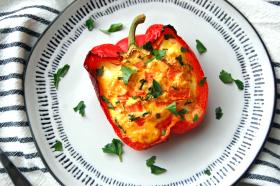 Omelet Stuffed Peppers, prepared and in a glass pan