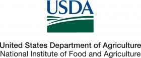 Blue letters "USDA" above green, curved graphics representing hills sit above the bold text "United States Department of Agriculture" and regular text "National Institute of Food and Agriculture"