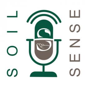 the icon for the Soil Sense podcast features the a green and gray graphic depicting a microphone with a vine forming the letter "S" in it's center.