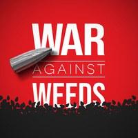 War Against Weeds podcast icon: podcast title is featured in white with a silver bullet over the text. The bottom of the icon features a black silhouette of a field of plants all agianst a rec background.
