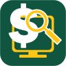 An app icon with a green background with a computer screen and magnifying glass in yellow and a dollar sign in white.
