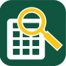 An app icon with a green background with a computer screen and magnifying glass in yellow and a calculator in white.