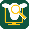 An app icon with a green background with a computer screen and magnifying glass in yellow and an icon representing the head of a farm animal in white.