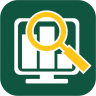 An app icon with a green background with a magnifying glass in yellow over a computer screen displaying a bar chart in white.