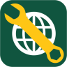 An app icon with a green background with a larger wrench in yellow and a smaller graphic depicting a globe in white.