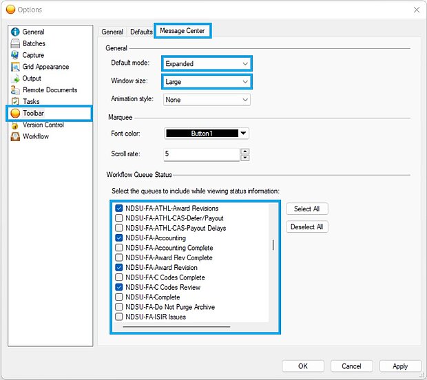 Image 2: Options window showing Message Center settings Image 2: Options window showing Message Center settings