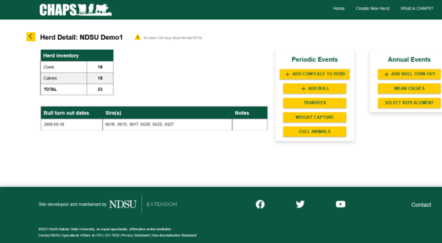 CHAPS users can access individual herd inventories (cows and calves) as well as sires and bull turn out dates associated with herd. CHAPS users can enter periodic and annual events using the buttons on the right-hand side of the page.