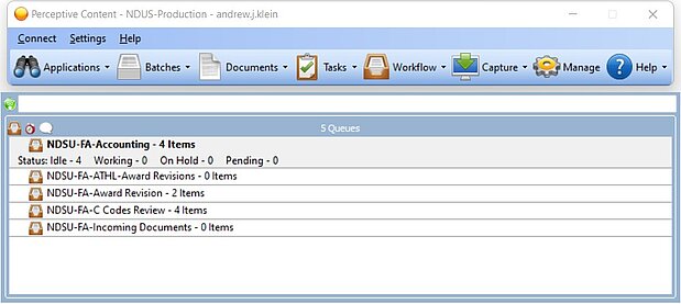 Image 4: Perceptive client toolbar with Message Center displayed Image 4: Perceptive client toolbar with Message Center displayed