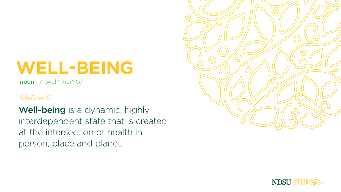 Image with definition of well-being. Well-being is a dynamic, highly interdependent state that is created at the intersection of health in person, place and planet. 