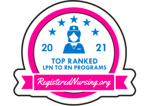Click badge image for story on top online LPN to RN program