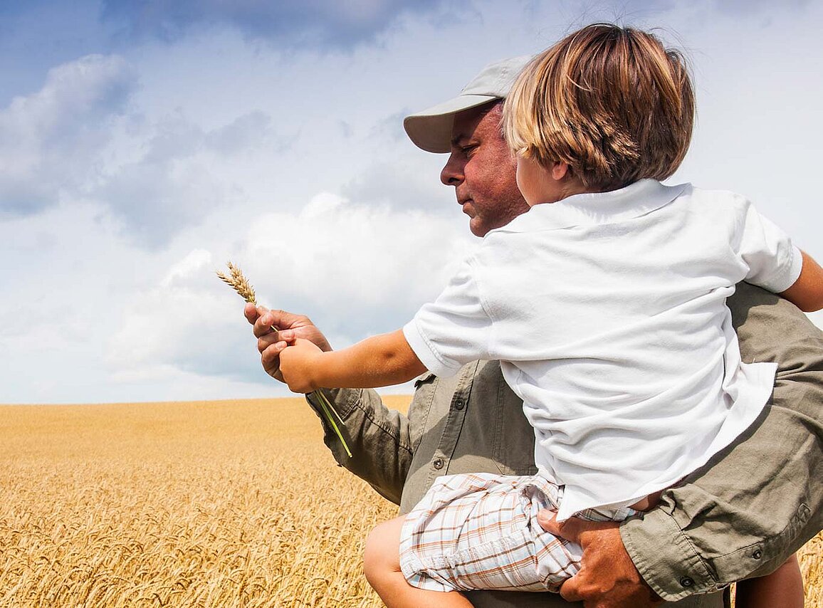A farmer holds a child while examining a head of wheat