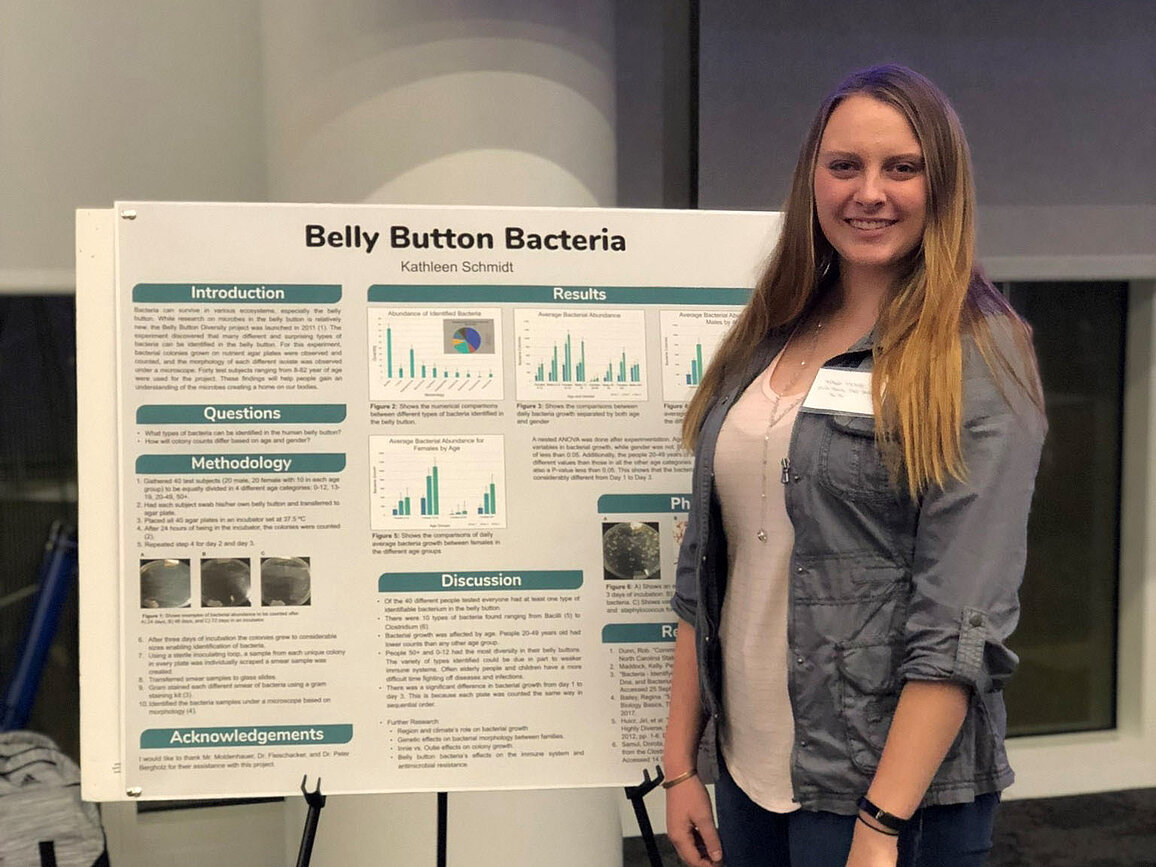 NDSU Microbiological Sciences undergraduate Katie Schmidt stand in front of her poster, "Belly Button Bacteria"