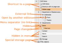 Special page types appear in the Pagetree with unique icons to help authors identify what kind of page is represented.