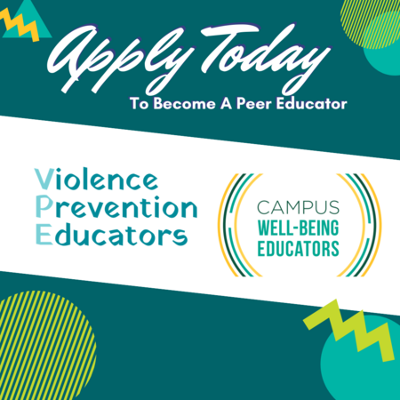 Apply Today: Violence Prevention Educators Logo, Campus Well-being Educators Logo