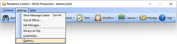 Image 1: Perceptive client toolbar with Settings and Options highlighted Image 1: Perceptive client toolbar with Settings and Options highlighted