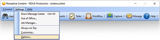 Image 1: Perceptive client toolbar with Settings and Options highlighted