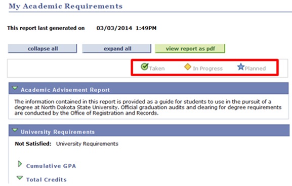 Academic Requirement Report Screen View 4